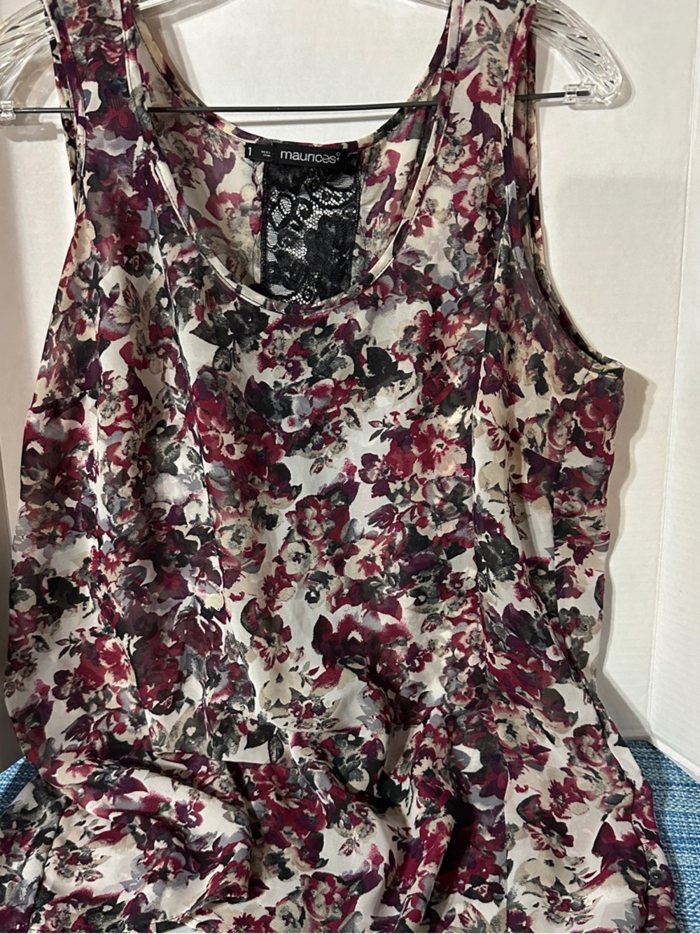 Maurices Cream Tank Top with Burgundy Floral Print and Black Lace Back